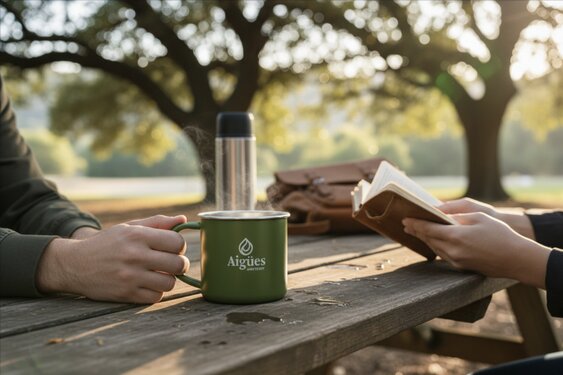 Aigües Tourisme: emaille mokken in huisstijl
