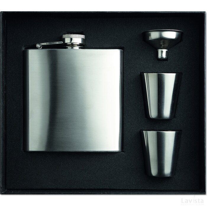 Heupfles met bekertjes Slimmy flask set mat zilver