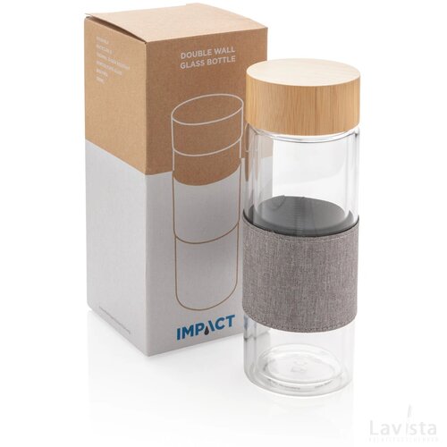 Impact dubbelwandige borosilicaat glazen drinkfles transparant, grijs