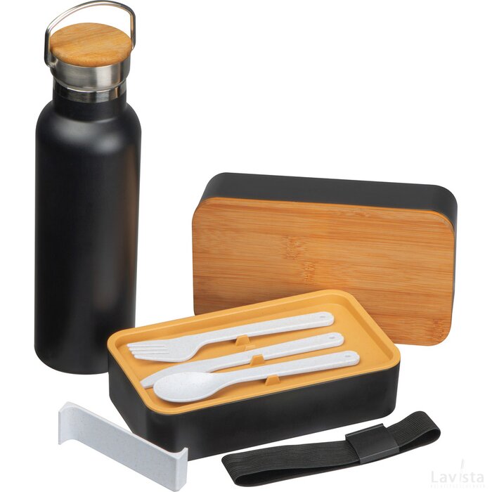 Set van lunchbox en drinkfles zwart