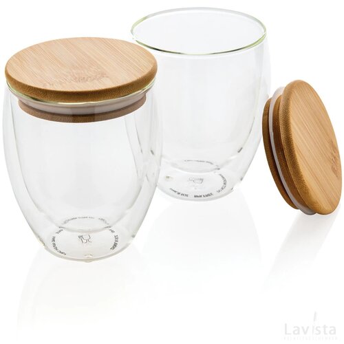Dubbelwandig borosilicaatglas met bamboe deksel 250ml set transparant