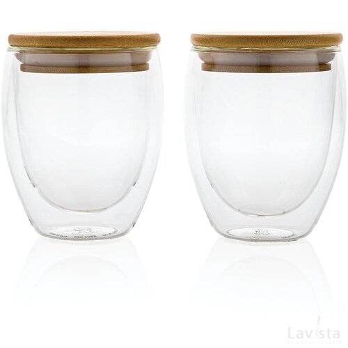 Dubbelwandig borosilicaatglas met bamboe deksel 250ml set transparant