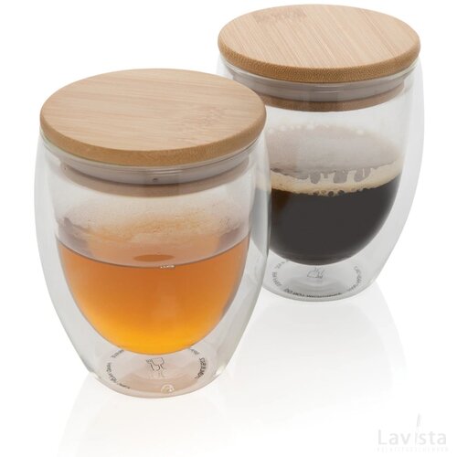 Dubbelwandig borosilicaatglas met bamboe deksel 250ml set transparant