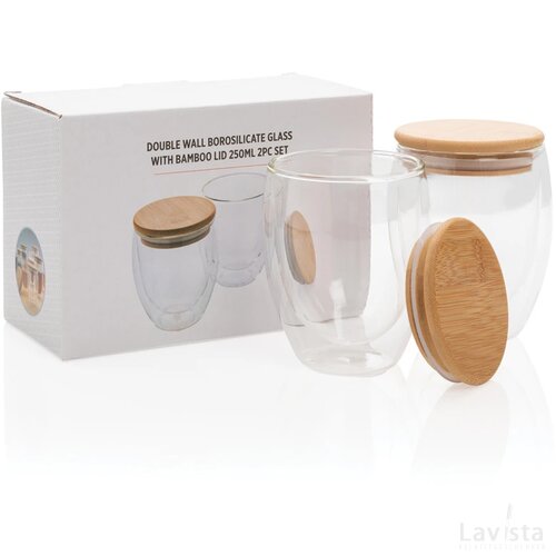 Dubbelwandig borosilicaatglas met bamboe deksel 250ml set transparant