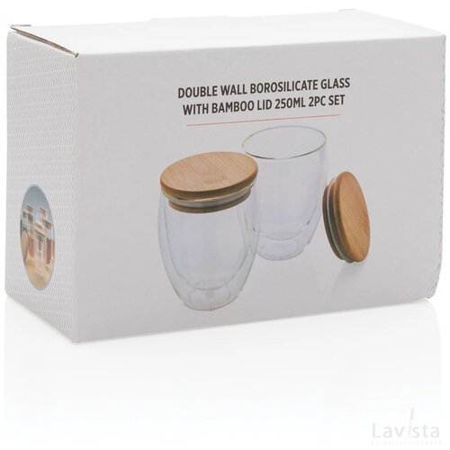 Dubbelwandig borosilicaatglas met bamboe deksel 250ml set transparant