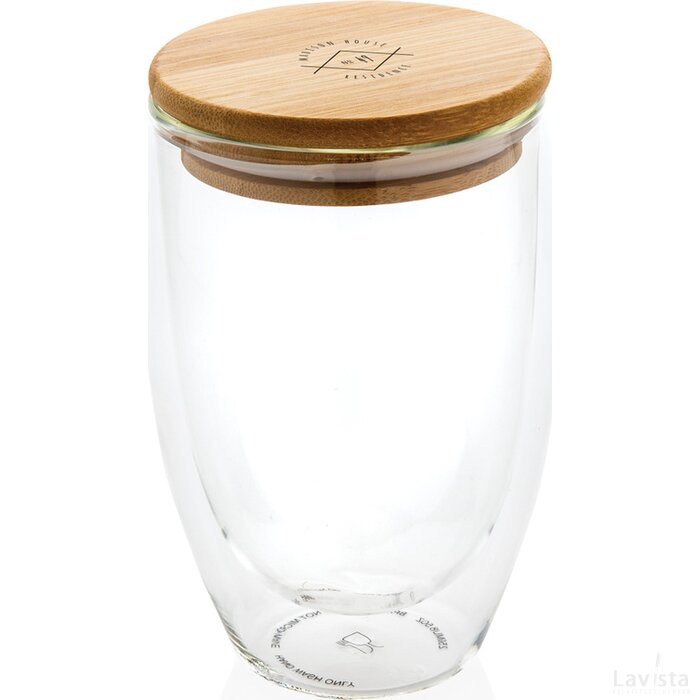 Dubbelwandig borosilicaatglas met bamboe deksel 350ml transparant