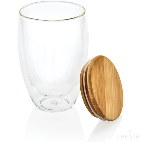 Dubbelwandig borosilicaatglas met bamboe deksel 350ml transparant