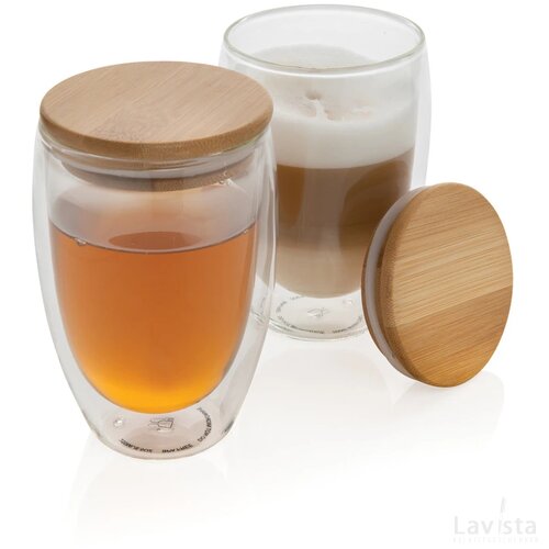 Dubbelwandig borosilicaatglas met bamboe deksel 350ml transparant