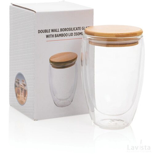 Dubbelwandig borosilicaatglas met bamboe deksel 350ml transparant