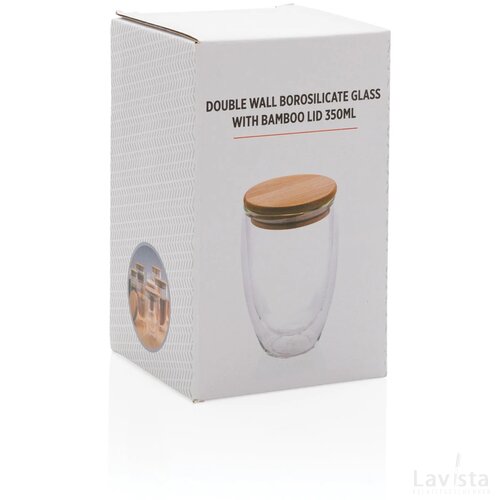 Dubbelwandig borosilicaatglas met bamboe deksel 350ml transparant