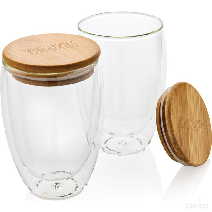 Dubbelwandig borosilicaatglas met bamboe deksel 350ml set transparant