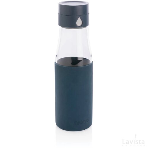 Ukiyo glazen hydratatie-trackingfles met sleeve blauw