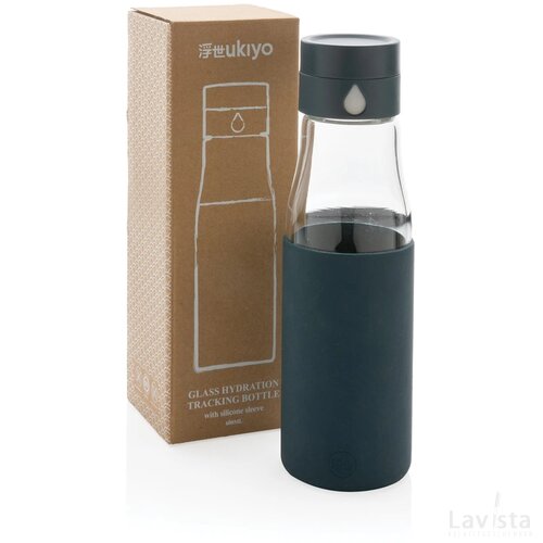Ukiyo glazen hydratatie-trackingfles met sleeve blauw