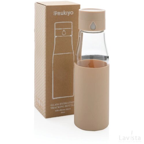 Ukiyo glazen hydratatie-trackingfles met sleeve bruin