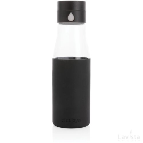 Ukiyo glazen hydratatie-trackingfles met sleeve zwart
