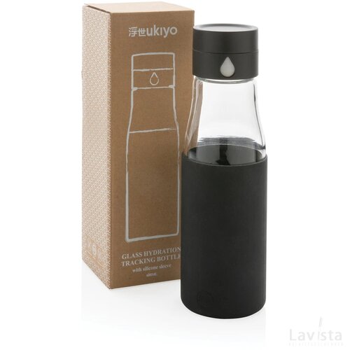 Ukiyo glazen hydratatie-trackingfles met sleeve zwart