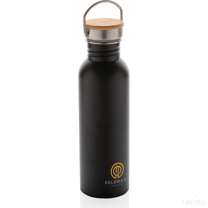 Moderne roestvrijstalen fles met bamboe deksel zwart