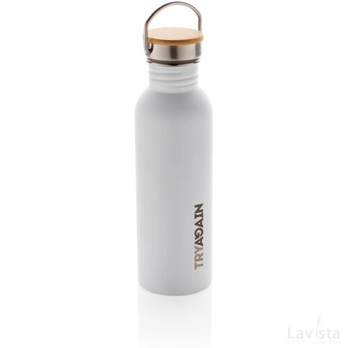 Moderne roestvrijstalen fles met bamboe deksel wit