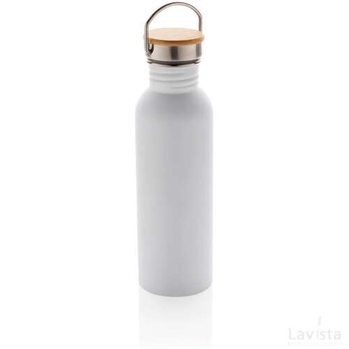 Moderne roestvrijstalen fles met bamboe deksel wit