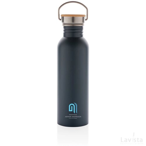 Moderne roestvrijstalen fles met bamboe deksel blauw