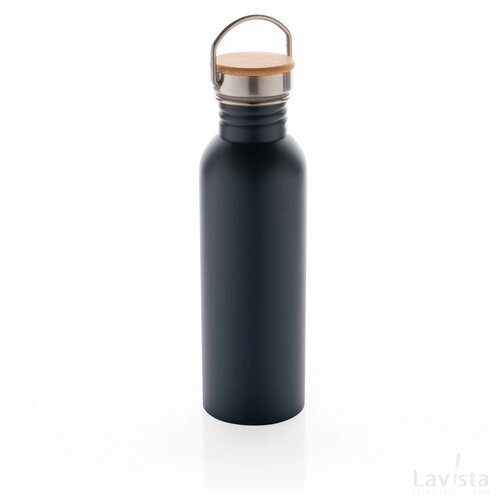 Moderne roestvrijstalen fles met bamboe deksel blauw