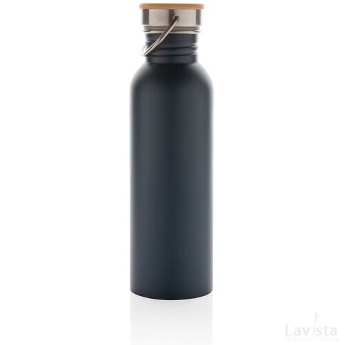 Moderne roestvrijstalen fles met bamboe deksel blauw
