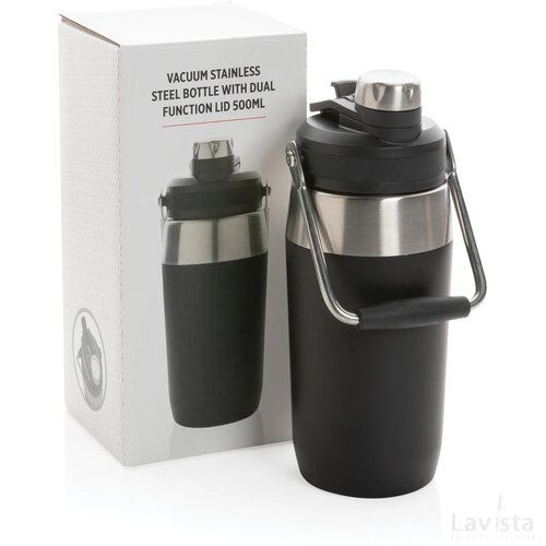 Vacuüm roestvrijstalen fles met duo-functie deksel 500ml zwart