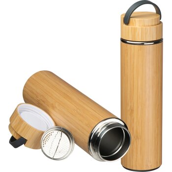 Drinkfles met zeef en bamboe ommanteling beige