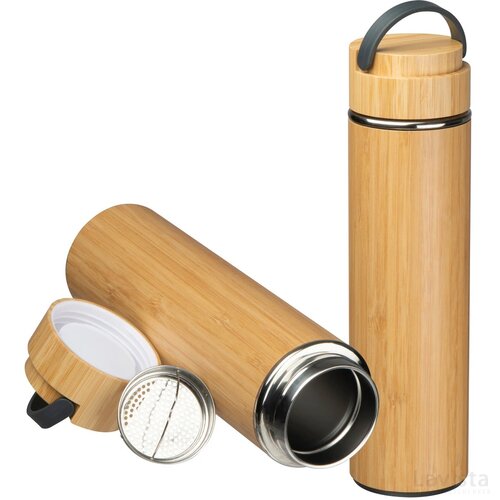 Drinkfles met zeef en bamboe ommanteling beige