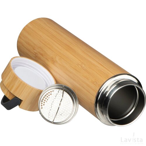 Drinkfles met zeef en bamboe ommanteling beige