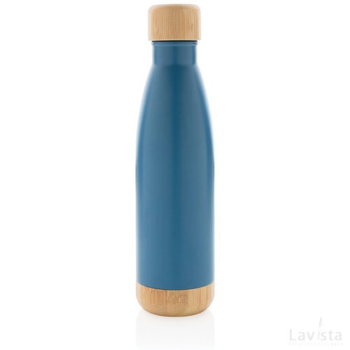 Vacuüm roestvrijstalen fles met bamboe deksel en bodem blauw