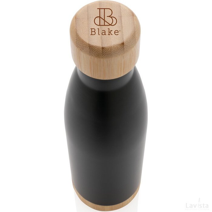 Vacuüm roestvrijstalen fles met bamboe deksel en bodem zwart