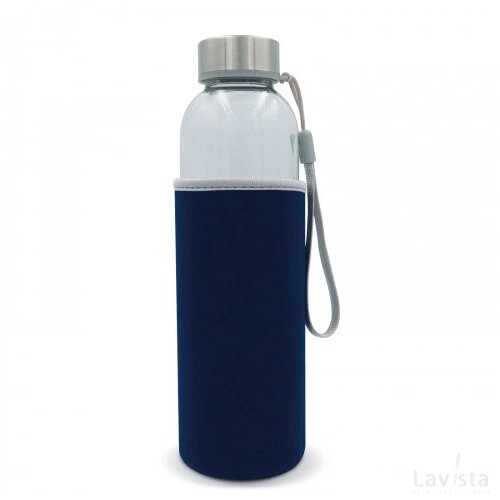 Waterfles glas met sleeve 500ml transparant donker blauw