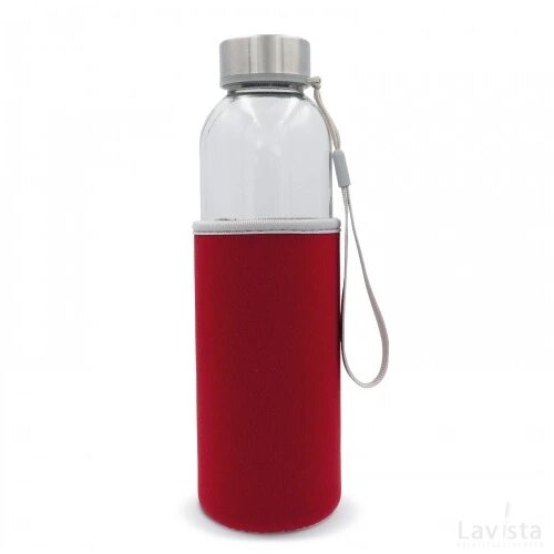 Waterfles glas met sleeve 500ml transparant rood