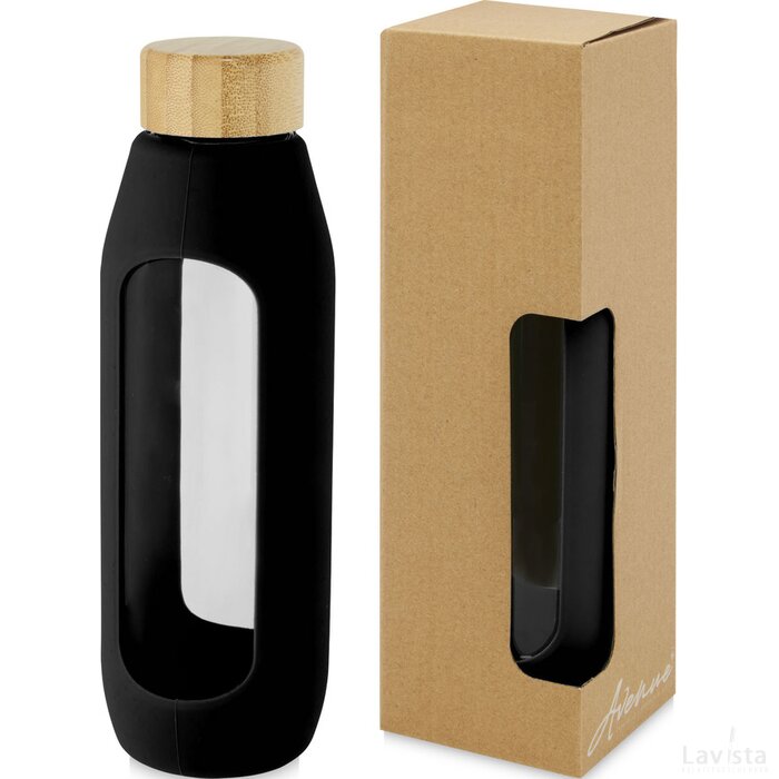 Tidan fles van 600 ml in borosilicaatglas met siliconen grip Zwart