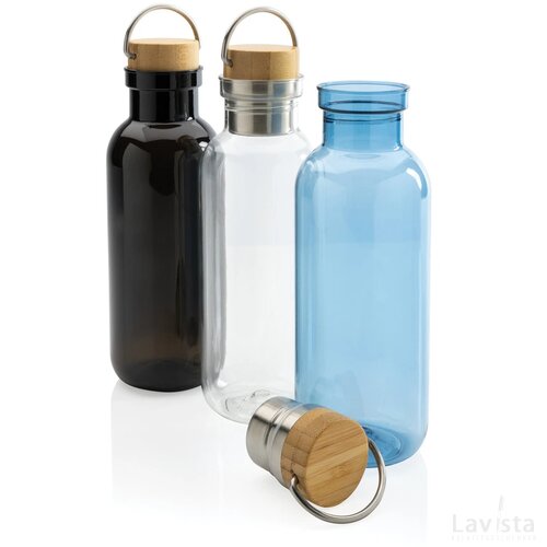 GRS recycled PET fles met bamboe deksel en handvat zwart