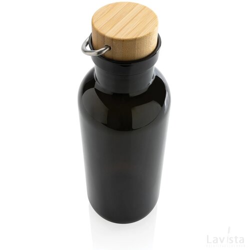 GRS recycled PET fles met bamboe deksel en handvat zwart