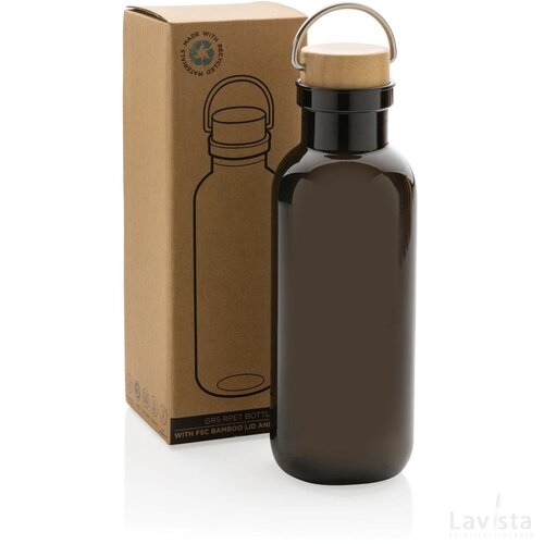 GRS recycled PET fles met bamboe deksel en handvat zwart