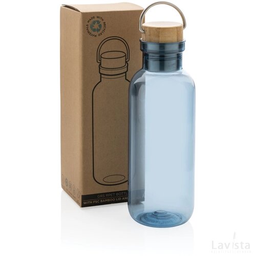 GRS recycled PET fles met bamboe deksel en handvat blauw