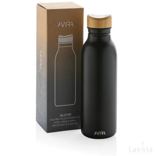 Avira Alcor RCS gerecycled RVS enkelwandige waterfles 600ML zwart