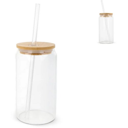 Glas met bamboe deksel & rietje