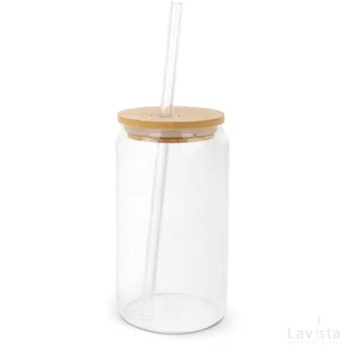 Glas met bamboe deksel & rietje 450 ml transparant