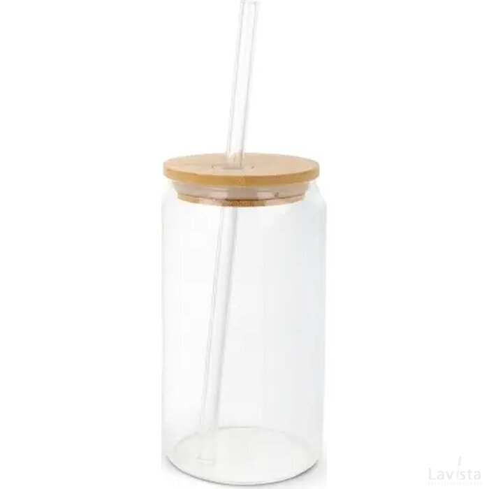 Glas met bamboe deksel & rietje 450 ml transparant
