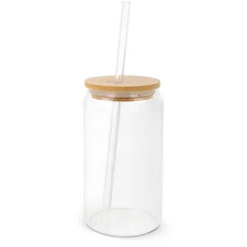 Glas met bamboe deksel & rietje 450 ml transparant