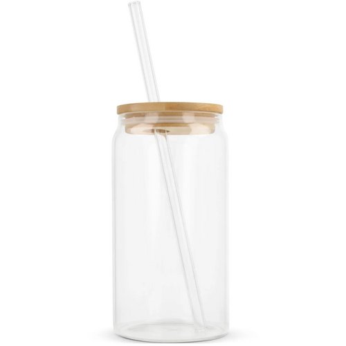 Glas met bamboe deksel & rietje 450 ml transparant